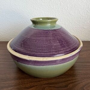Vintage Studio Art Stoneware Pottery Covered Serving Bowl Glazed Signed Purple